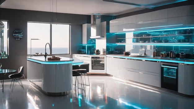 Moderne keuken met groot eiland en blauw licht