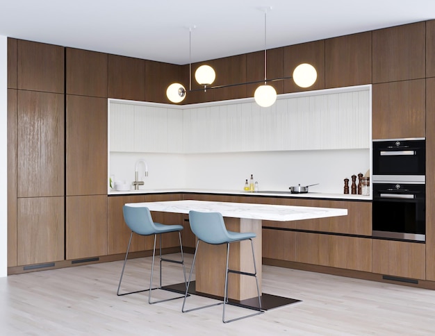 moderne keuken met houten kast en witte kleur interieur 3d render