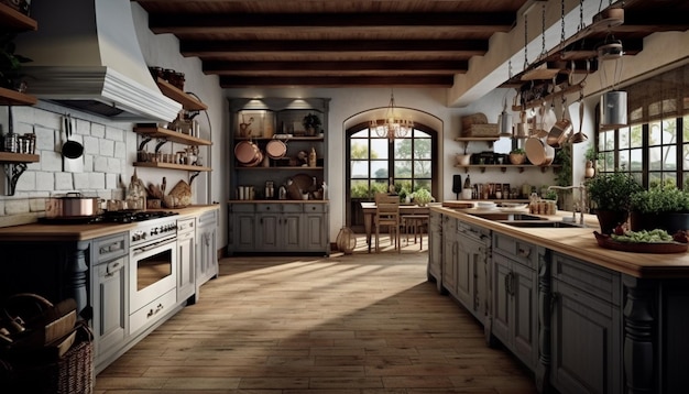 Moderne keuken met houten kasten, roestvrij stalen apparaten en door kunstmatige intelligentie gegenereerde granieten werkplaten