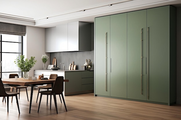 Moderne keuken met lege Sage Green Wall Partition Houten eettafel stoelen kasten en