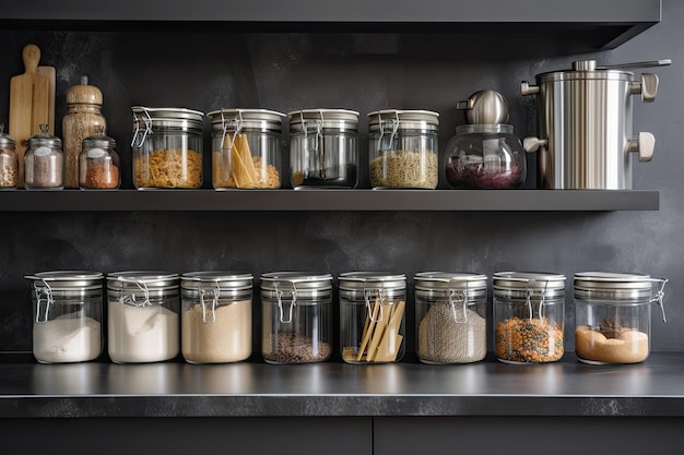 Moderne keuken met strakke metalen opbergdozen en glazen potten gemaakt met generatieve AI