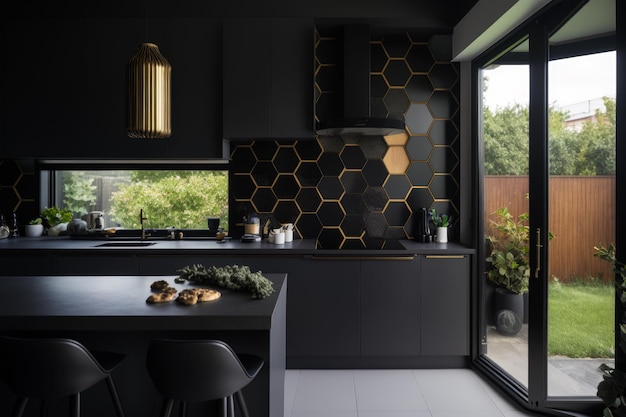 Moderne keuken met zwarte en gouden accenten Generatieve AI