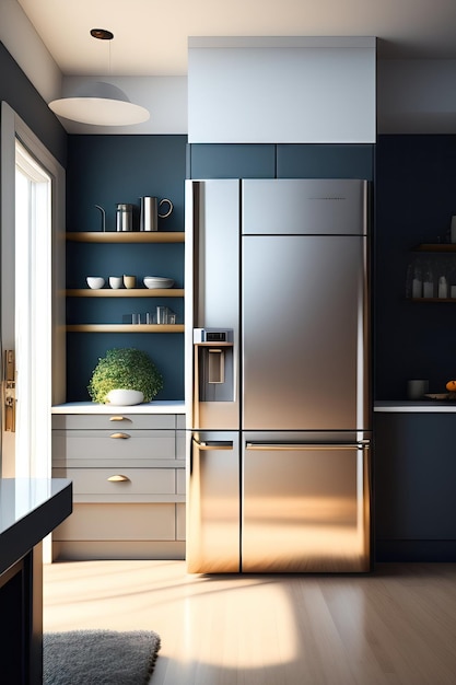 Moderne keuken voorzien van een koelkast en keukenbenodigdheden