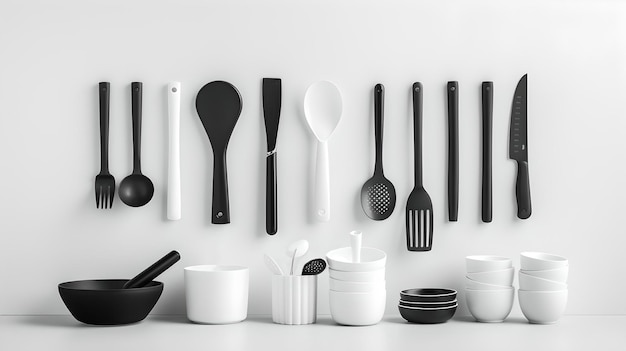Moderne keukengoederen op een witte achtergrond eenvoudig en schoon ontwerp ideaal voor culinaire concepten minimalistische stijl fotografie AI