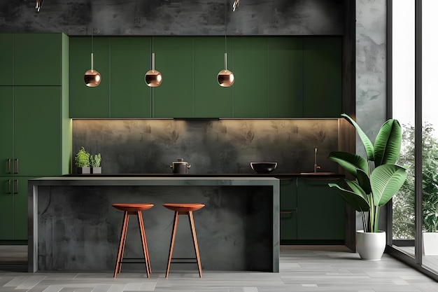 Foto moderne keukeninterieur in donkergroene kleuren en betonnen elementen
