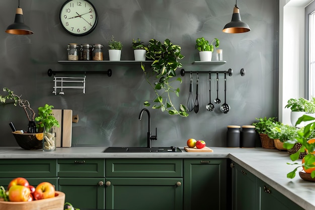 Moderne keukeninterieur in donkergroene kleuren en betonnen elementen