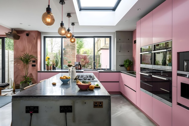 Foto moderne keukeninterieur in schaduwrijke roze kleuren en betonnen details