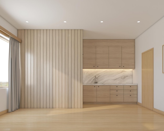 Foto moderne keukenkamer in japanse stijl versierd met houten kast en marmeren muur 3d-rendering