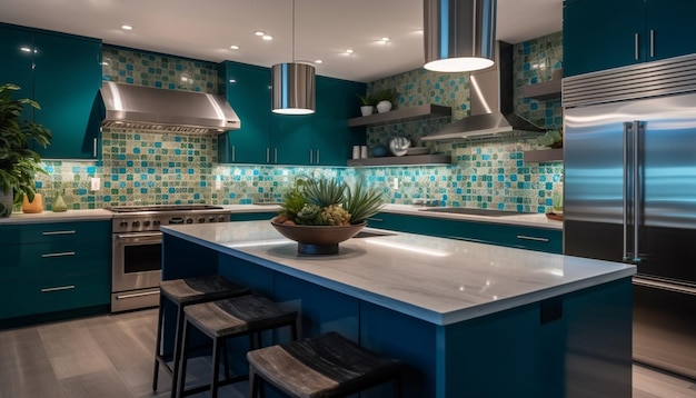 Moderne keukenontwerp met elegante marmeren eiland roestvrij staal apparaten gegenereerd door kunstmatige intelligentie