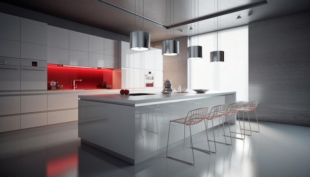 Moderne keukenontwerp met roestvrijstalen apparaten en elegant decor gegenereerd door kunstmatige intelligentie