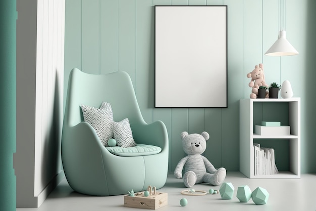 Moderne kinder klimmuur design meubels mint fauteuil knuffels teddybeer en schattige kinderaccessoires zijn allemaal te zien in de Scandinavische speelkamer interieur posterlijst moc