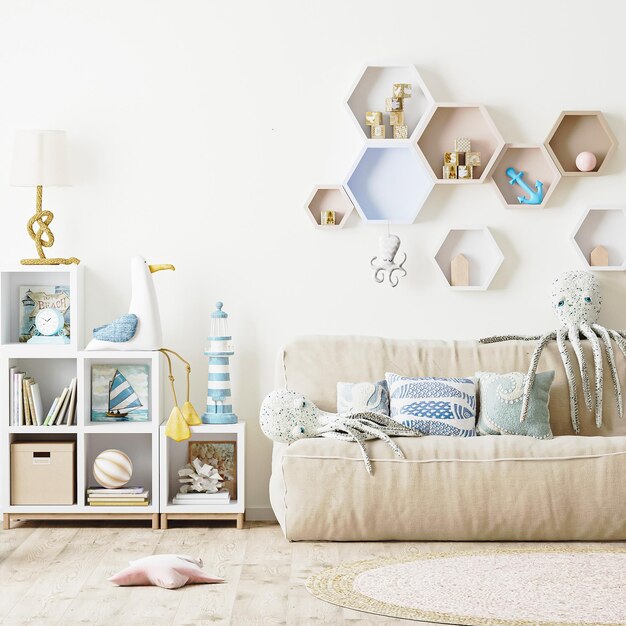 Moderne kinderen slaapkamer interieur achtergrond kinderkamer met zacht speelgoed beddengoed planken met boeken en speelgoed 3d rendering