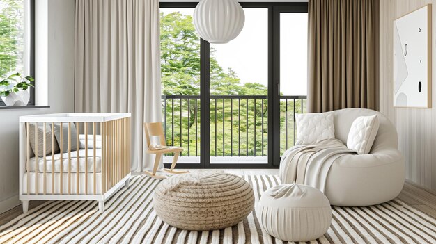 Moderne kinderkamer interieur neutrale unisex kleuren Scandinavische stijl Kinderkamer ontwerp met schattig babybed in minimalisme stijl met grote ramen