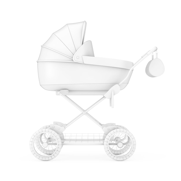 Moderne kinderwagen, kinderwagen, kinderwagen Mock Up in Clay stijl op een witte achtergrond. 3D-rendering