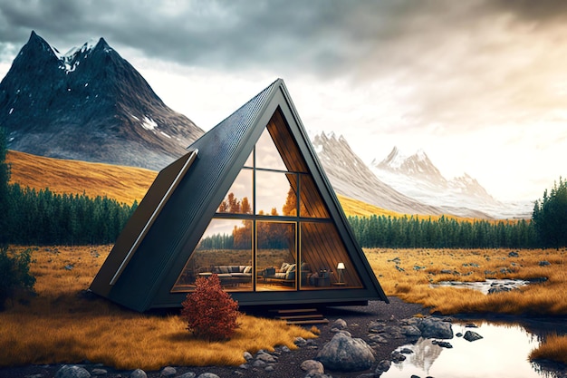 Moderne kleine Aframe-cabine met glazen wand tegen de achtergrond van een berglandschap