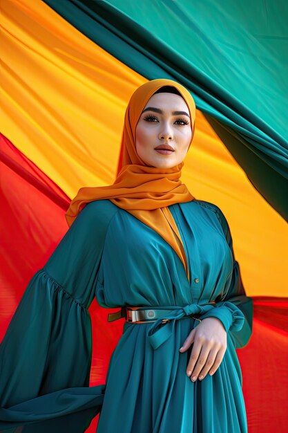 Moderne kleurrijke stijlvolle outfit van moslimvrouw met hijab.