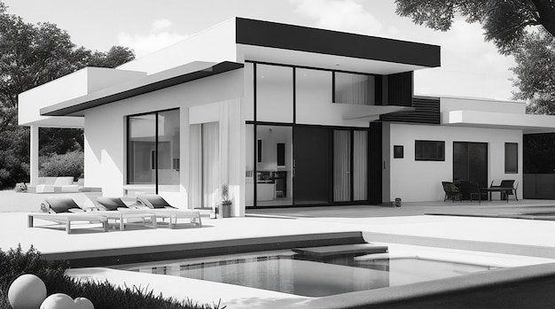 Moderne knusse woning met zwembad en parkeerplaats te koop of te huur in luxe zwart-wit stijl