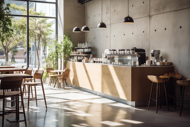 Moderne koffiewinkel met ruwe betonnen muur cement vloer bar toonbank met krukken door generatieve Ai