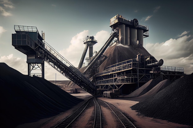Moderne kolenmijn met torenhoge transportbanden en enorme machines op de achtergrond