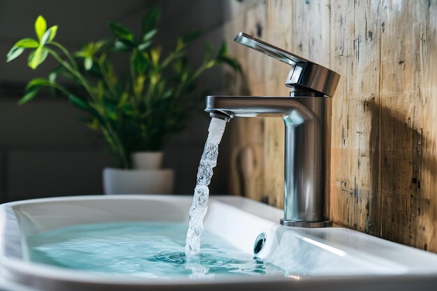 Moderne kraan met stromend water in badkamer ondiepe diepte