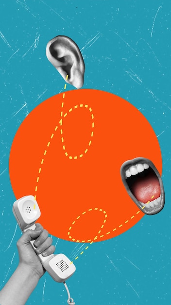 Moderne kunstcollage met een hand met een retro-telefoon, mond en oor op blauwe achtergrond