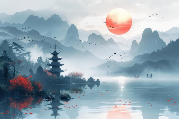 Moderne landschapsschilderkunst Chinese stijl stemming landschapsschilderkunst gouden textuur inkt landschapsschermkunst Hedendaagse kunst Prints behang posters muurschilderingen tapijten