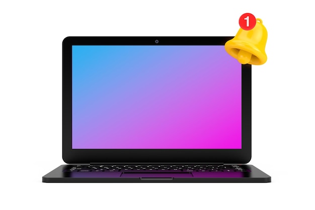 Foto moderne laptop met cartoon sociale media meldingsbel en nieuw berichtpictogram 3d-rendering