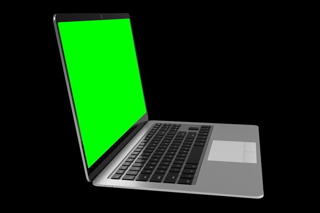 Moderne laptop met leeg groen scherm op zwarte achtergrond 3D illustratie