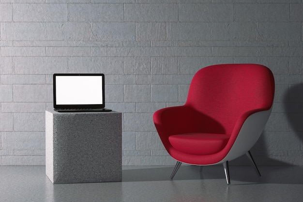 Moderne laptop met leeg scherm in de buurt van lege rode moderne ovale vorm Relax stoel 3D-rendering