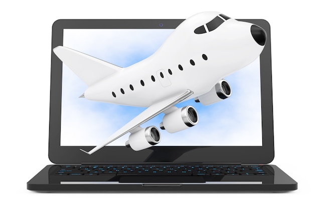 Moderne laptopcomputer met Cartoon Toy Jet vliegtuig vliegen uit scherm op een witte achtergrond. 3D-rendering.