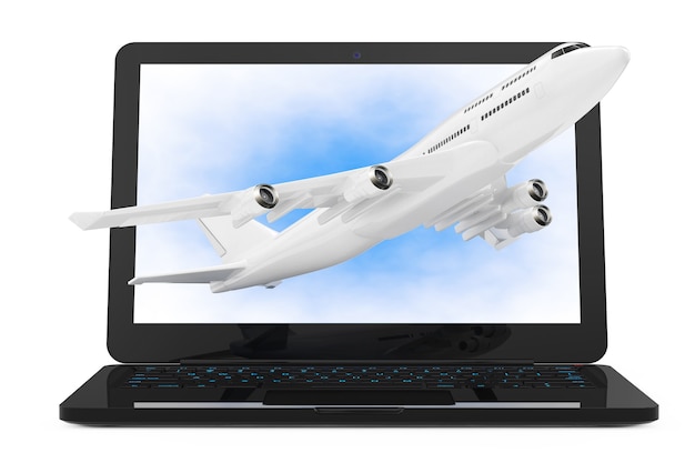 Moderne laptopcomputer met witte jet passagiersvliegtuig vliegen uit scherm op een witte achtergrond. 3D-rendering.