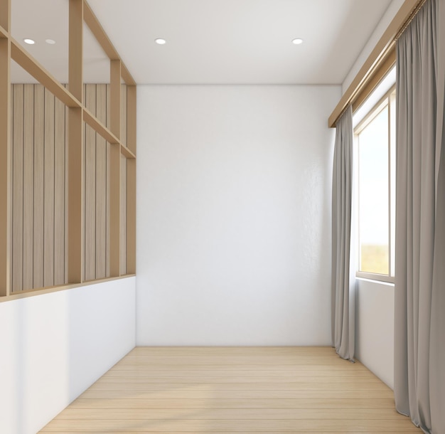 Moderne lege kamer in Japanse stijl versierd met glazen wand en witte muur 3D-rendering