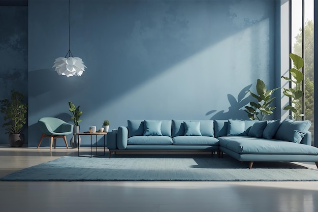 Moderne lege woonkamer en blauwe muur textuur achtergrond interieurontwerp