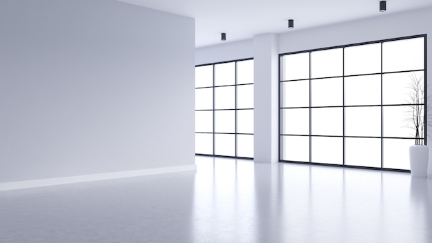 Moderne lege woonkamer interieur, witte muur en betonnen vloer met zwart frame raam