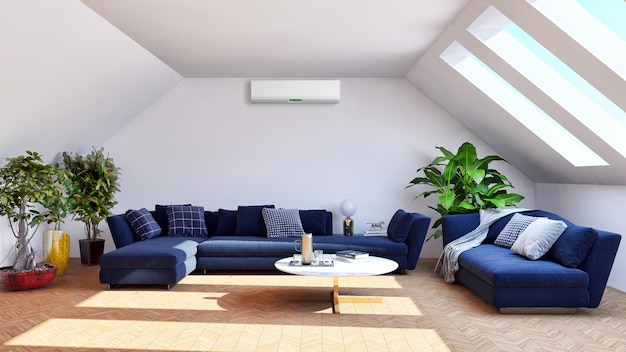 Moderne lichte interieurs Woonkamer met airconditioning illustratie 3D-rendering computer gegenereerde afbeelding