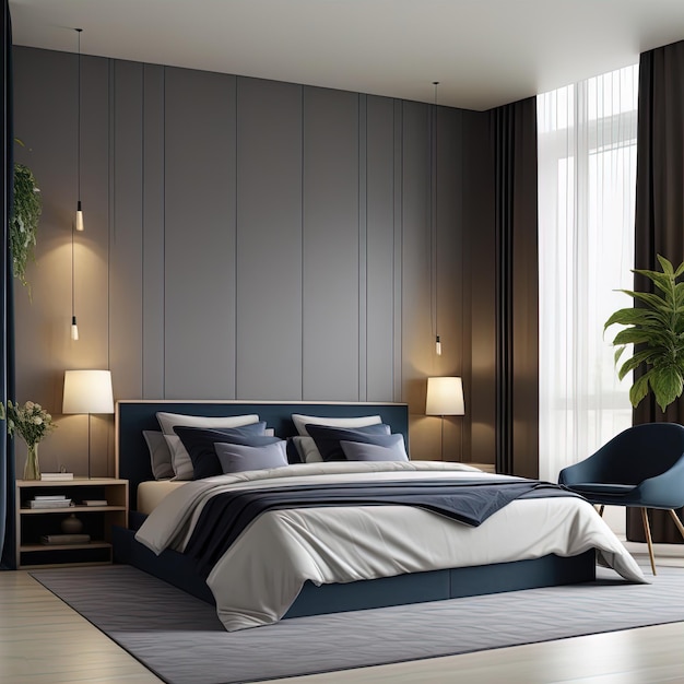 moderne lichte slaapkamer met een groot raam groot bed en een houten vloerinterieur van de slaapkamer met com