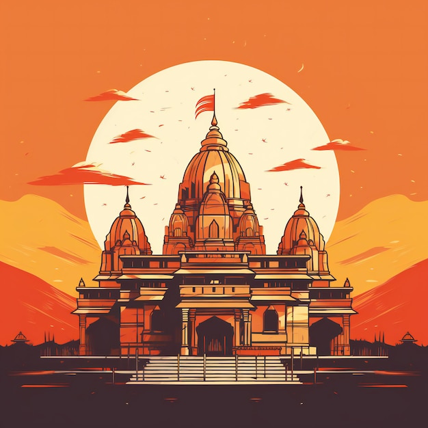 Moderne lijnkunst weergave van de Ayodhya-tempel bij zonsondergang