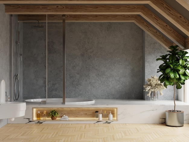 Moderne loft badkamer interieur met muur beton en houten vloer
