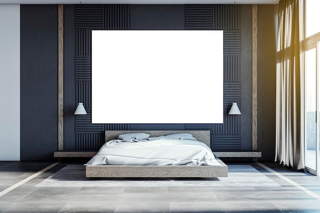 Moderne loft slaapkamer interieur met lege witte mock-up banner panoramisch raam en stadsbeeld gordijn en andere objecten 3D Rendering