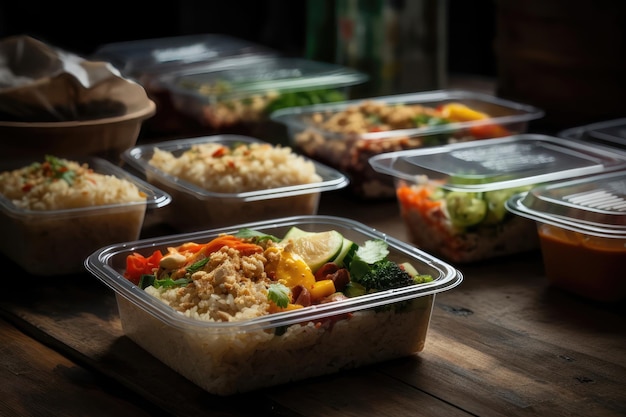 Moderne lunchboxen voor Thais eten in plastic verpakkingen die door AI zijn gegenereerd