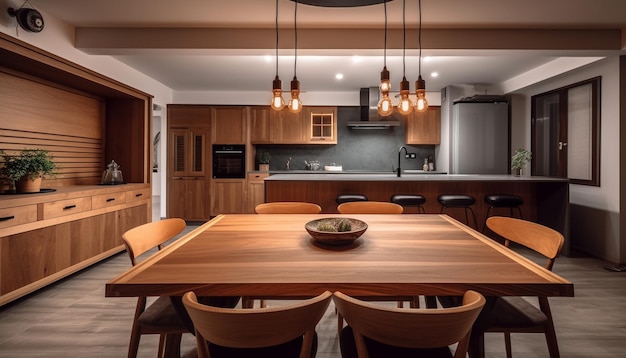 Moderne luxe appartement met elegant keuken eiland en brede eettafel gegenereerd door kunstmatige intelligentie
