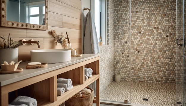 Foto moderne luxe badkamer met elegante houten vloeren en spa-ontspanning gegenereerd door ai