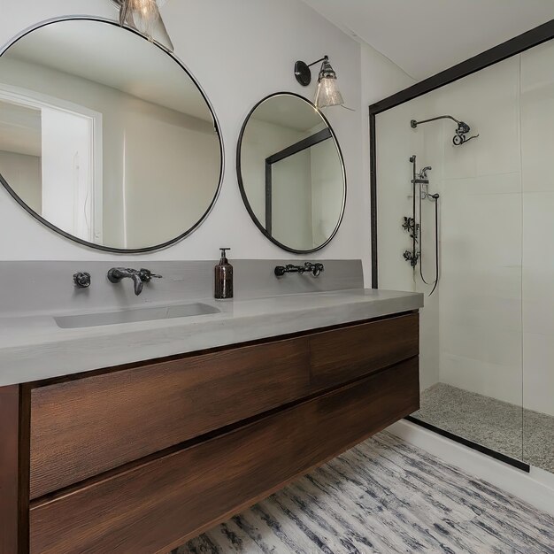 moderne luxe badkamer met houten vloer en spiegel