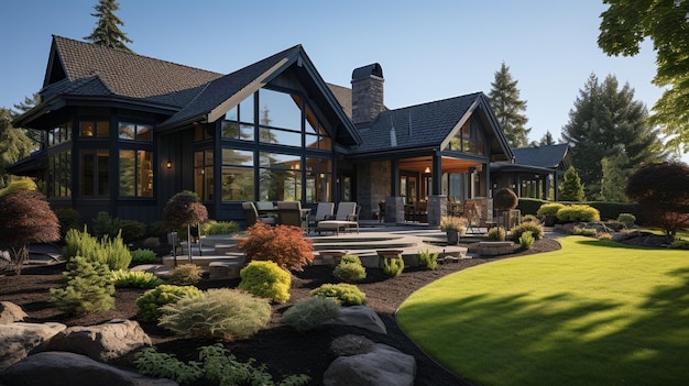 Moderne luxe huis exterieur met tuin en gazon 3D-rendering