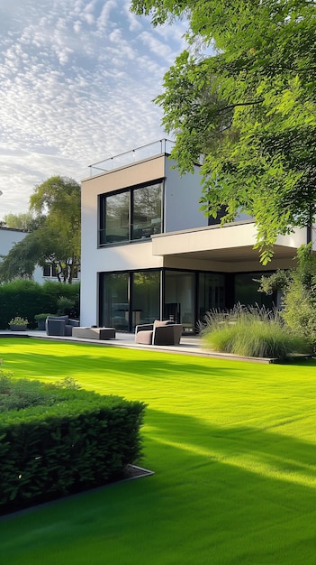 Moderne luxe huis uitgestrekte ramen weelderig groen hedendaags voorstedelijk leven