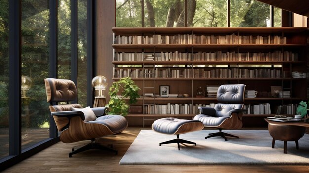 Foto moderne luxe huisbibliotheek met comfortabele fauteuil