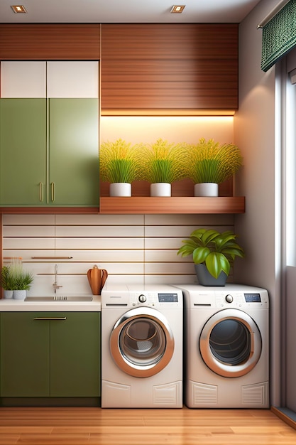 Moderne luxe keuken en waskamer met toonbank, kast, koelkast, wasmachine.