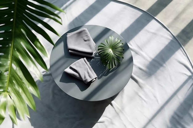 Moderne luxe ronde tafel van staal en glas met tropische boom Ai Generated