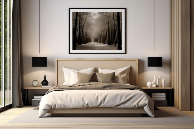 Moderne luxe slaapkamer met wit posterframe en houten bed Ai gegenereerd
