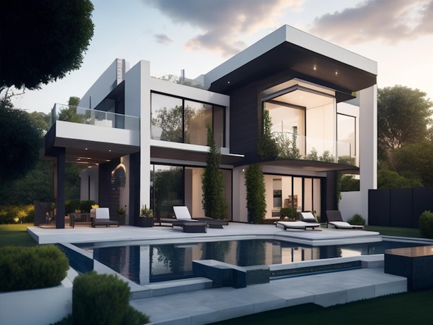 moderne luxe villa met zwembadfotografie 8k hd ultra gedetailleerd